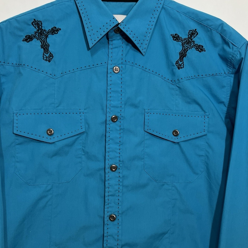 Y2K Ace Of Diamond Western‎ Shirt Turquoise Embroidered Cross Fleur De Lis Large - Picture 3 of 12